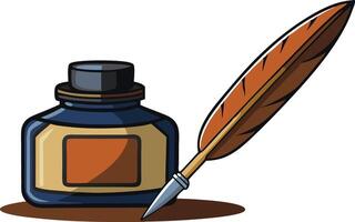 A classic ink bottle and quill pen resting on a flat surface, perfect for creative writing and artistic expression in a vintage style vector