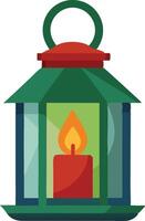 A green lantern with a red candle inside is lit and glowing vector
