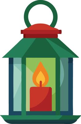 A green lantern with a red candle inside is lit and glowing