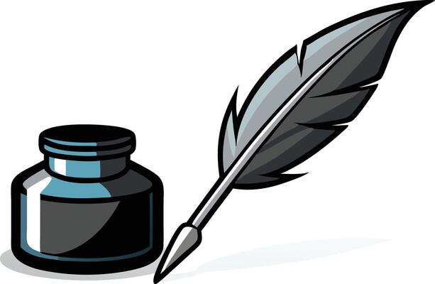 A black inkwell and a quill pen are ready for writing