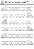 What comes next. Transportation matching black and white activity for kids with train, wagon. Shape, number, size transport logical worksheet or coloring page. Continue row game with engine vector