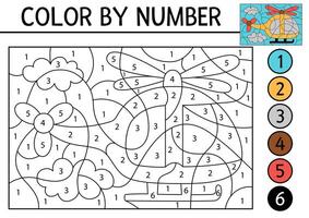 transportation color by number activity with helicopter flying in the sky. Air transport scene. Black and white counting game with chopper. Coloring page for kids with aircraft vector