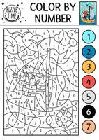 transportation color by number activity with boy on yacht. Water transport scene. Black and white counting game with ship. Coloring page for kids with man sailboat in the sea vector
