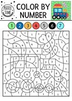color by number activity with steam train. Railway transport scene. Black and white counting game with engine. Coloring page for kids with railroad transportation vector