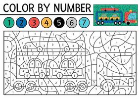 transportation color by number activity with tow truck. City transport scene. Black and white counting game with lorry. Coloring page for kids with wrecker and cars vector