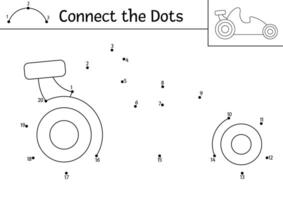 dot-to-dot and color activity with cute racing car. Transportation connect the dots game for children with funny race auto. Transport coloring page for kids. Printable worksheet vector