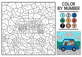 transportation color by number activity with boy driving a car with passenger cat. City transport scene. Black and white counting game with automobile. Coloring page for kids with man driver vector