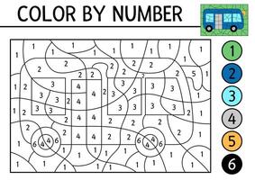 color by number activity with blue bus. City transport scene. Black and white counting game with autobus. Coloring page for kids with public transportation vector
