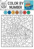 transportation color by number activity with ship. Water transport scene. Black and white counting game with steamship. Coloring page for kids with sailboat vector