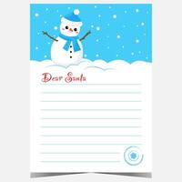 Wish list or Christmas letter to Santa Claus template. Blank postcard design with funny snowman to write a greeting or want list and to send it to the north pole during the winter holidays. vector