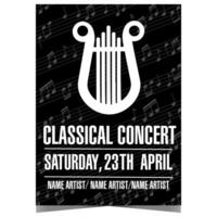 Classical music concert poster or banner with elegant harp on black background of musical notes. Invitation leaflet, flyer or handout for live instrumental event and artistic performance. vector