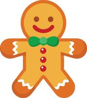 A gingerbread man with a green bow tie and three red buttons smiles cheerfully vector