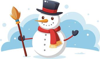 A cartoon snowman stands in a snowy landscape vector