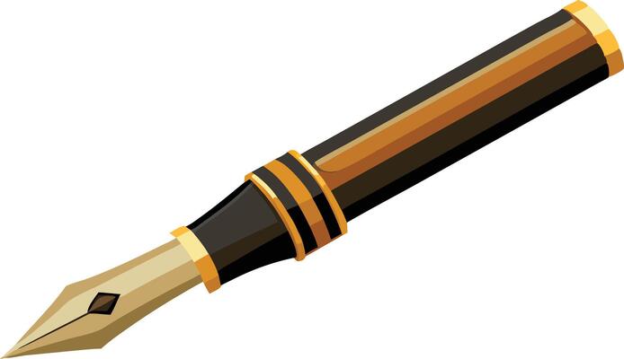 A black and gold fountain pen with a pointed nib is lying