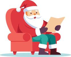 Santa Claus sits in a red armchair, reading a list of names vector