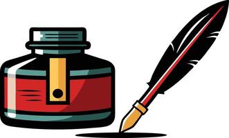 A red inkwell sits next to a quill pen, ready to write a story vector