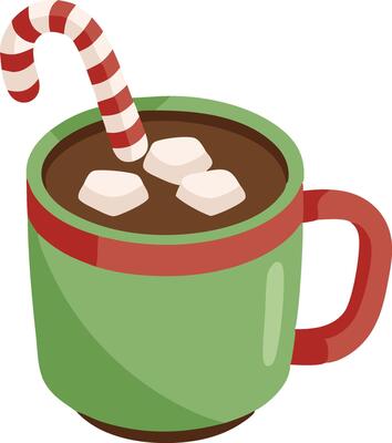 Cozy green mug filled with hot chocolate topped with marshmallows and a peppermint stick