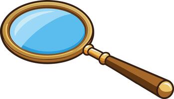 A simple, cartoon magnifying glass with a brown handle and gold accents vector