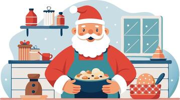 Santa Claus is in the kitchen, wearing a red suit and an apron, and holding a pot of Christmas pudding vector