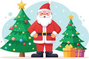Santa Claus stands between two decorated Christmas trees, smiling and ready to spread Christmas cheer vector