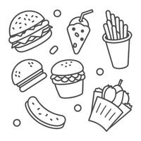 Fast food icons set, including hamburger, fries, and soda vector