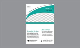 This image is a template for a business flyer design.The background features an abstract green and blue wave design that separates the header from the main content. vector