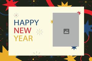A festive New Year greeting card with the message Happy New Year in bold blue, red, and yellow letters on a light beige background vector