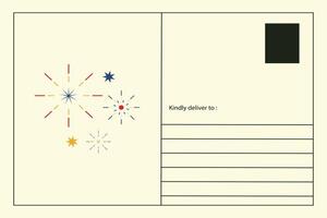 A minimalist postcard design featuring colorful, abstract starburst patterns on the left side, with red, blue, and yellow lines on a light beige background vector