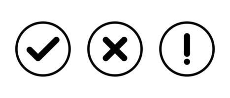 Tick, cross, and exclamation mark icon on circle line. Checkmark, x, and warning sign symbol vector