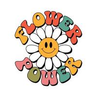 Retro Flower Power Design with Smiling Daisy, flat illustration groovy style vector