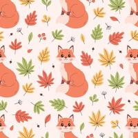 Seamless pattern with cute fox and autumn leaves. Flat, hand drawn texture for wallpaper, textile, fabric, paper. vector