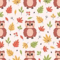 Seamless pattern with cute owl and autumn leaves. Flat, hand drawn texture for wallpaper, textile, fabric, paper vector