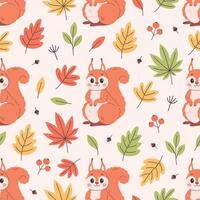 Seamless pattern with cute squirrel and autumn leaves. Flat, hand drawn texture for wallpaper, textile, fabric, paper. vector