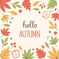 Hello autumn greeting card with autumn elements. Cute and cozy seasonal objects. Fall, Thanksgiving Day vector