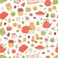 Autumn seamless pattern. Cute and cozy seasonal objects. Flat, hand drawn texture for wallpaper, textile, fabric, paper vector
