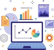 Creative business laptop with innovation and data visualization charts vector