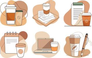 Coffee and work essentials with takeaway cups, documents, and laptop vector