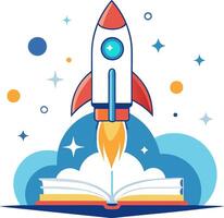Creative business rocket launching from book, symbolizing innovation and learning vector