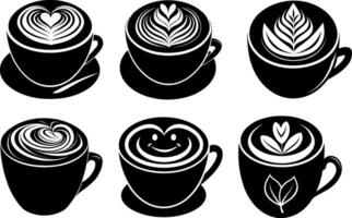 Coffee art designs with heart and smiley patterns in cups vector