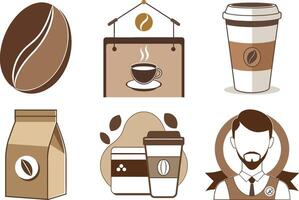 Coffee branding with beans, packaging, and signage elements vector