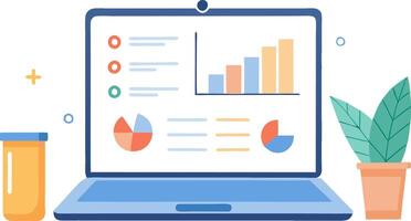 Creative business laptop with innovation and data analytics charts vector