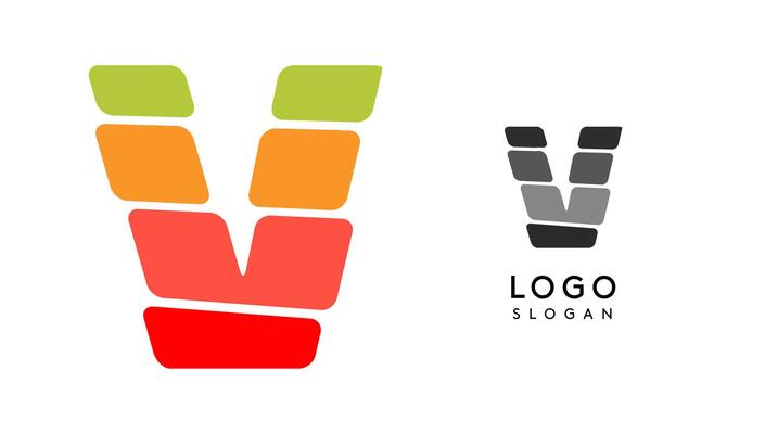 Bright colorful letter V, layers blocks like sandwich, stone balancing or rock stacking. Modern cartoon monogram for kid joyful book, blocky toys logo. illustration