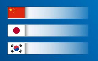 Simple banner with Chinese, Japanese and Korean flags and blank space for your text and design. Made in China, Made in Japan, Made in South Korea. Modern illustrations vector