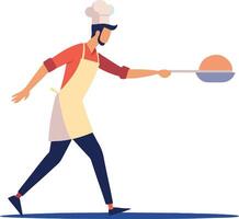 a man in an apron is holding a frying pan vector
