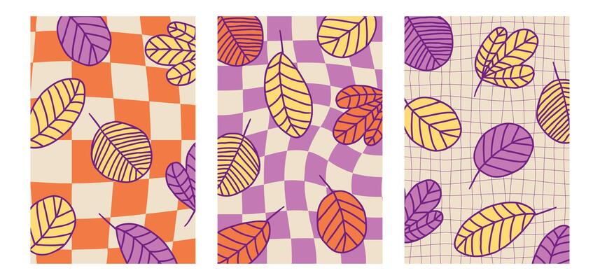 Retro style autumn posters collection with falling leaves. Perfect for banner, cover, label, card, sale. Modern template set in trendy geometric style.
