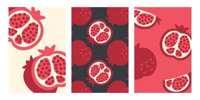 vertical posters set with pomegranate slices in retro style. Perfect background template for banner, card, label, sale. Hand drawn illustration. vector