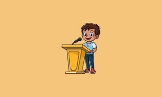 Smiling boy giving a speech at a podium with a microphone. vector