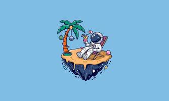 Astronaut relaxing on floating island with a palm tree. vector