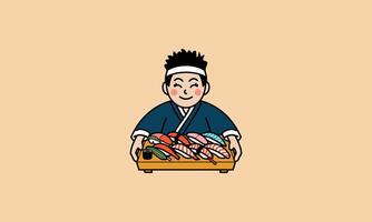 Sushi chef holding a tray of assorted sushi art vector
