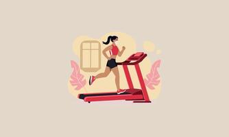 woman running on a treadmill while wearing a mask. vector